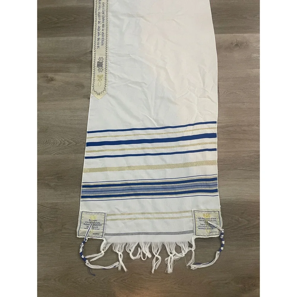 Messianic Jewish Tallit Prayer Shawl White Blue Gold Hebrew Bible Verses 70in
